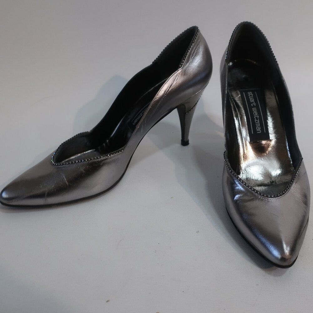 Womens Stuart Weitzman Gunmetal Crystal Embellished Pointy Leather Heel Pumps 8